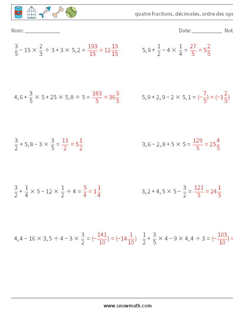 (10) quatre fractions, décimales, ordre des opérations Fiches d'Exercices de Mathématiques 5 Question, Réponse