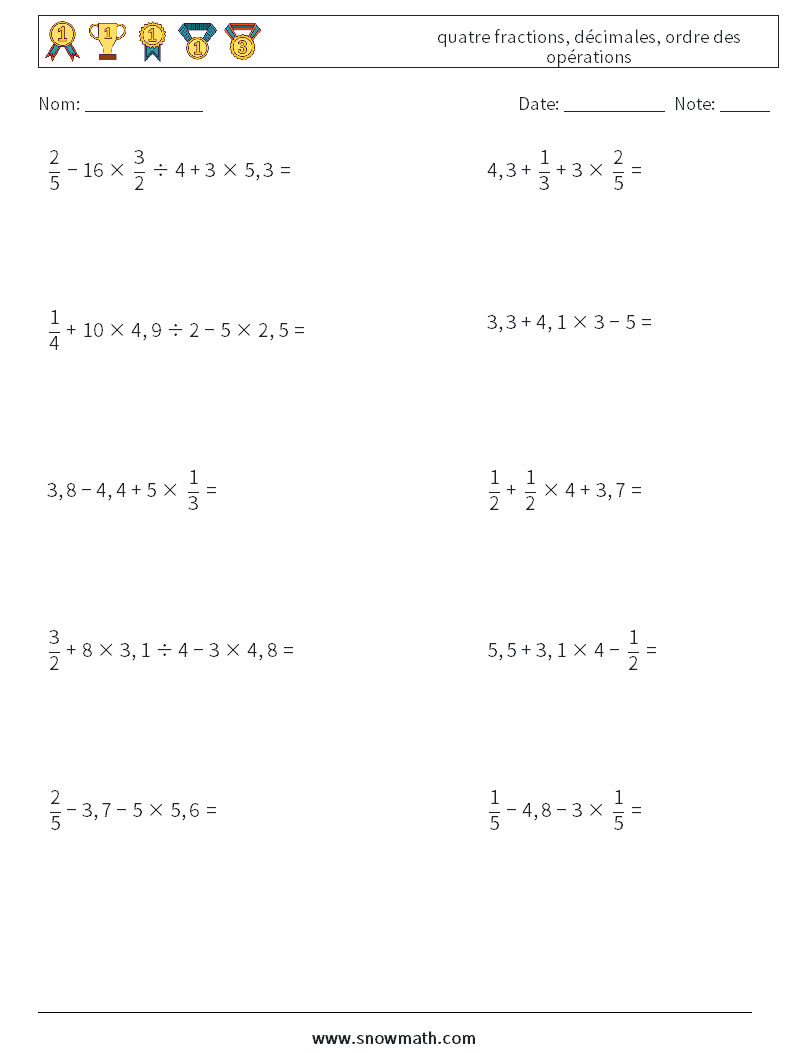 (10) quatre fractions, décimales, ordre des opérations Fiches d'Exercices de Mathématiques 6