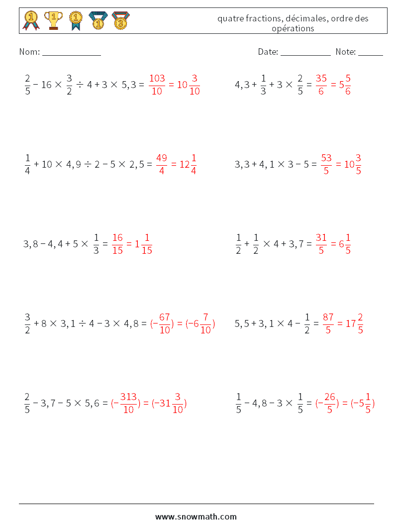 (10) quatre fractions, décimales, ordre des opérations Fiches d'Exercices de Mathématiques 6 Question, Réponse