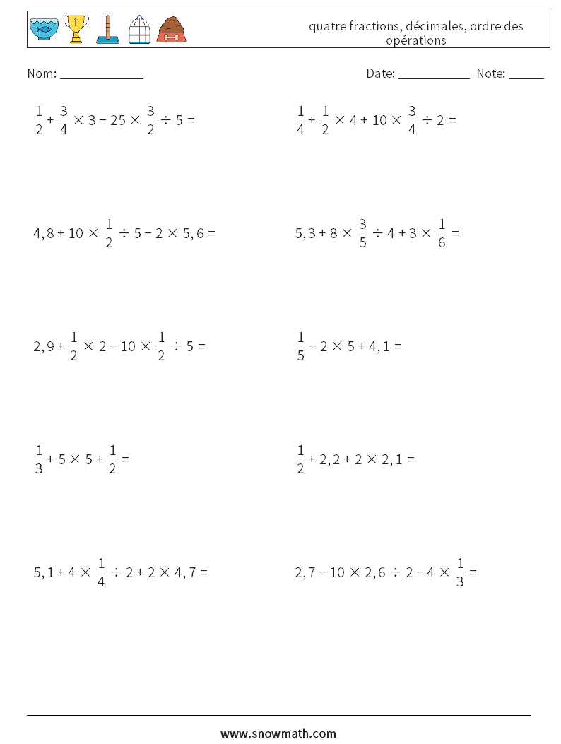 (10) quatre fractions, décimales, ordre des opérations Fiches d'Exercices de Mathématiques 7