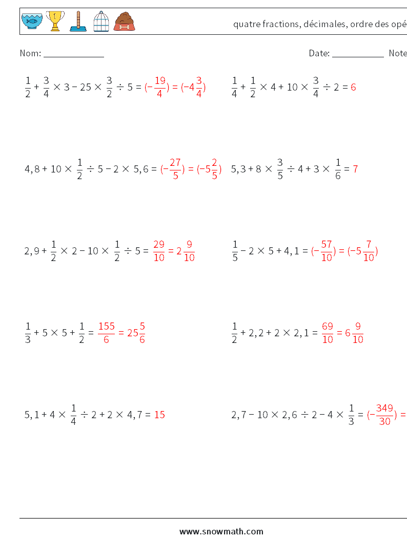 (10) quatre fractions, décimales, ordre des opérations Fiches d'Exercices de Mathématiques 7 Question, Réponse