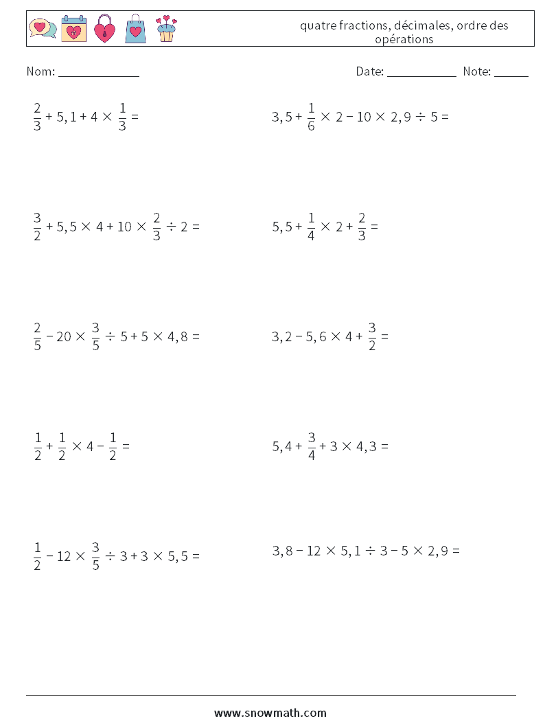 (10) quatre fractions, décimales, ordre des opérations Fiches d'Exercices de Mathématiques 8