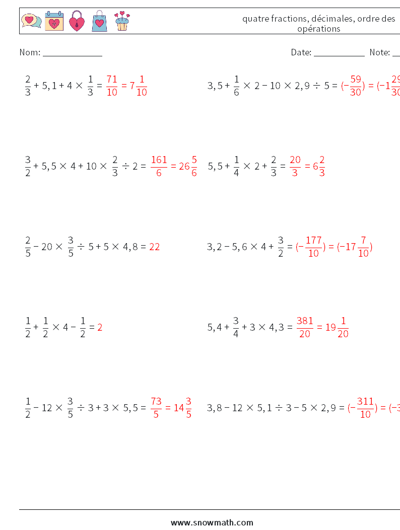 (10) quatre fractions, décimales, ordre des opérations Fiches d'Exercices de Mathématiques 8 Question, Réponse