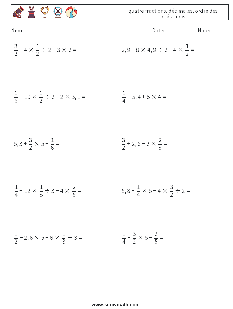 (10) quatre fractions, décimales, ordre des opérations Fiches d'Exercices de Mathématiques 9
