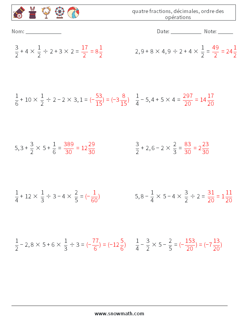 (10) quatre fractions, décimales, ordre des opérations Fiches d'Exercices de Mathématiques 9 Question, Réponse