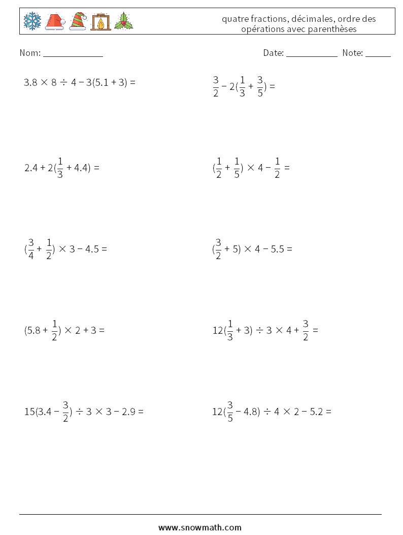 (10) quatre fractions, décimales, ordre des opérations avec parenthèses