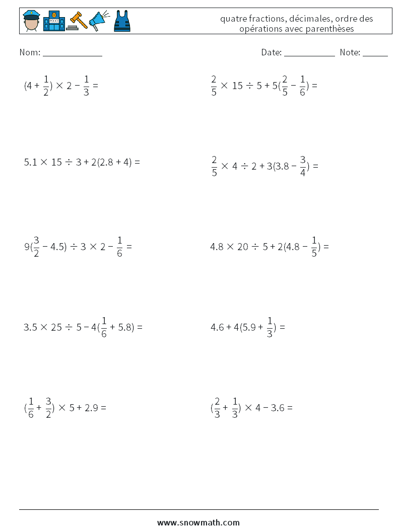 (10) quatre fractions, décimales, ordre des opérations avec parenthèses Fiches d'Exercices de Mathématiques 10