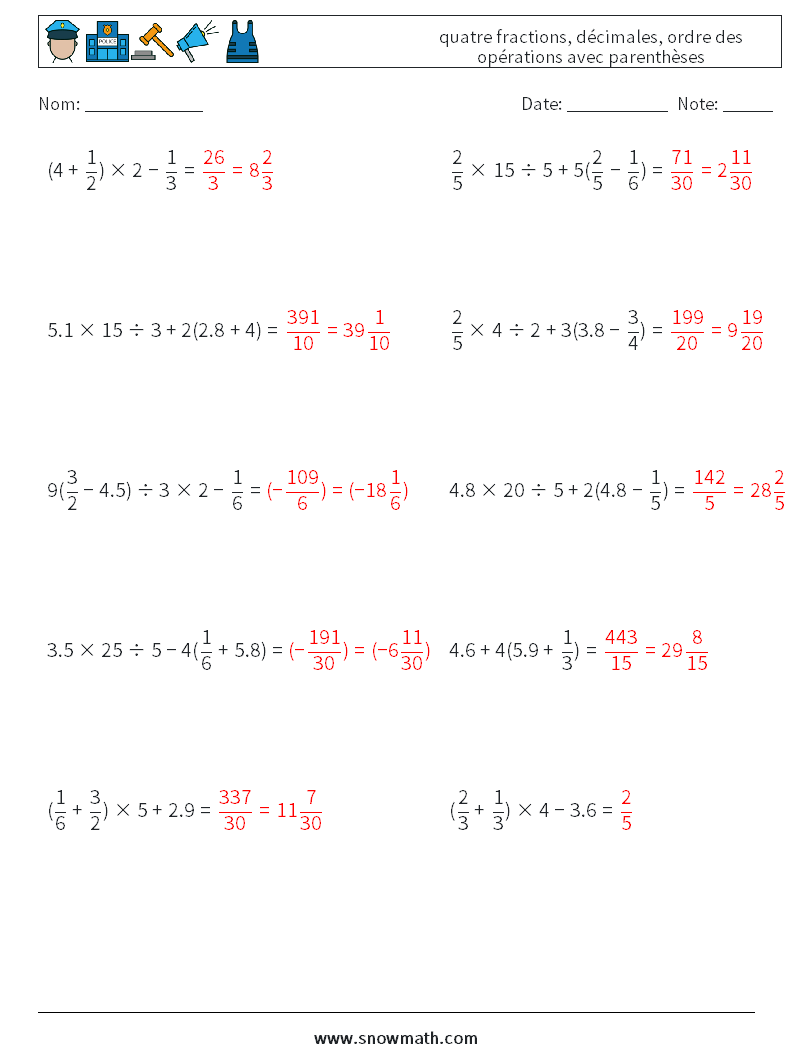 (10) quatre fractions, décimales, ordre des opérations avec parenthèses Fiches d'Exercices de Mathématiques 10 Question, Réponse