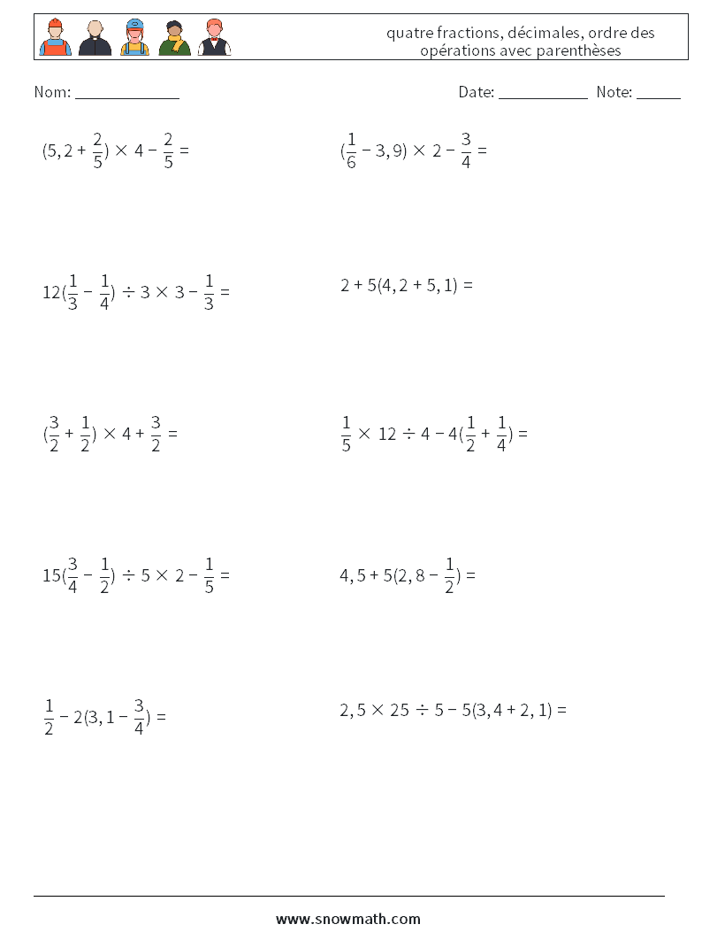 (10) quatre fractions, décimales, ordre des opérations avec parenthèses Fiches d'Exercices de Mathématiques 11