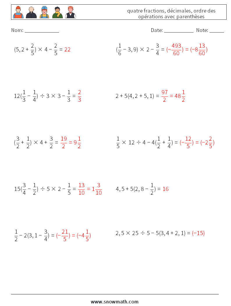 (10) quatre fractions, décimales, ordre des opérations avec parenthèses Fiches d'Exercices de Mathématiques 11 Question, Réponse