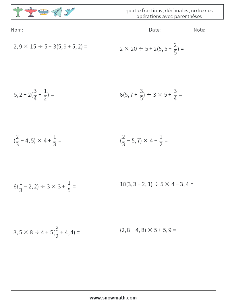 (10) quatre fractions, décimales, ordre des opérations avec parenthèses Fiches d'Exercices de Mathématiques 12
