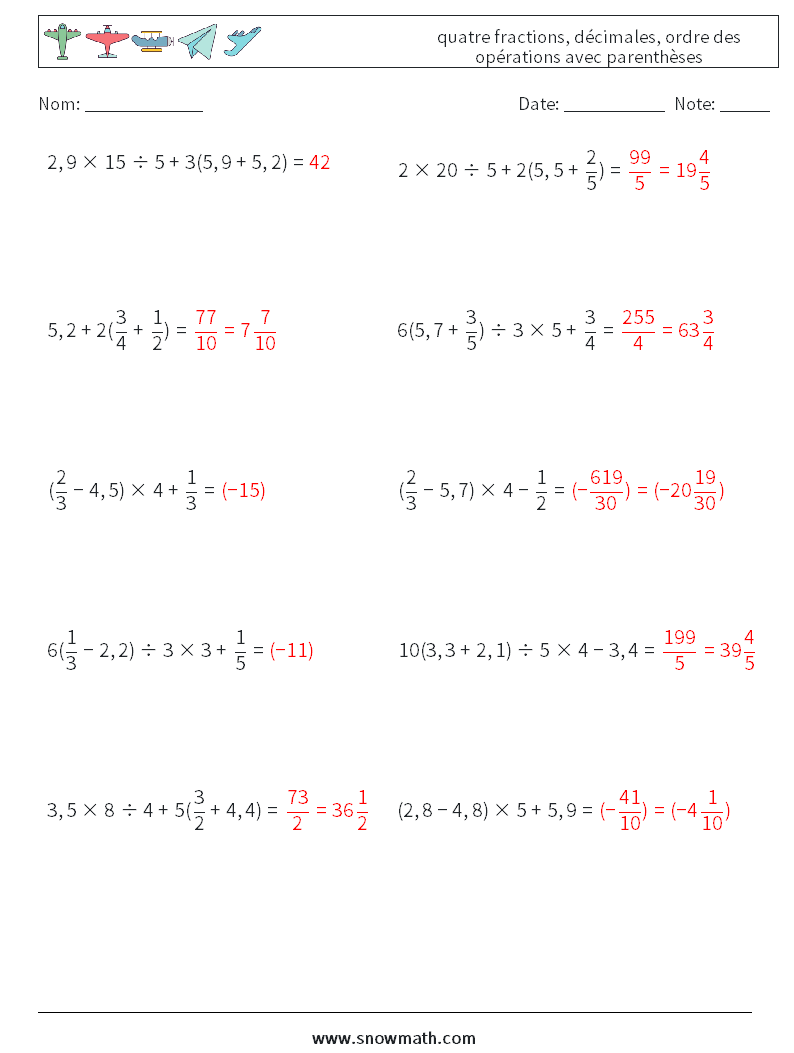 (10) quatre fractions, décimales, ordre des opérations avec parenthèses Fiches d'Exercices de Mathématiques 12 Question, Réponse