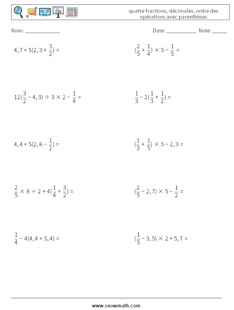 (10) quatre fractions, décimales, ordre des opérations avec parenthèses Fiches d'Exercices de Mathématiques 13