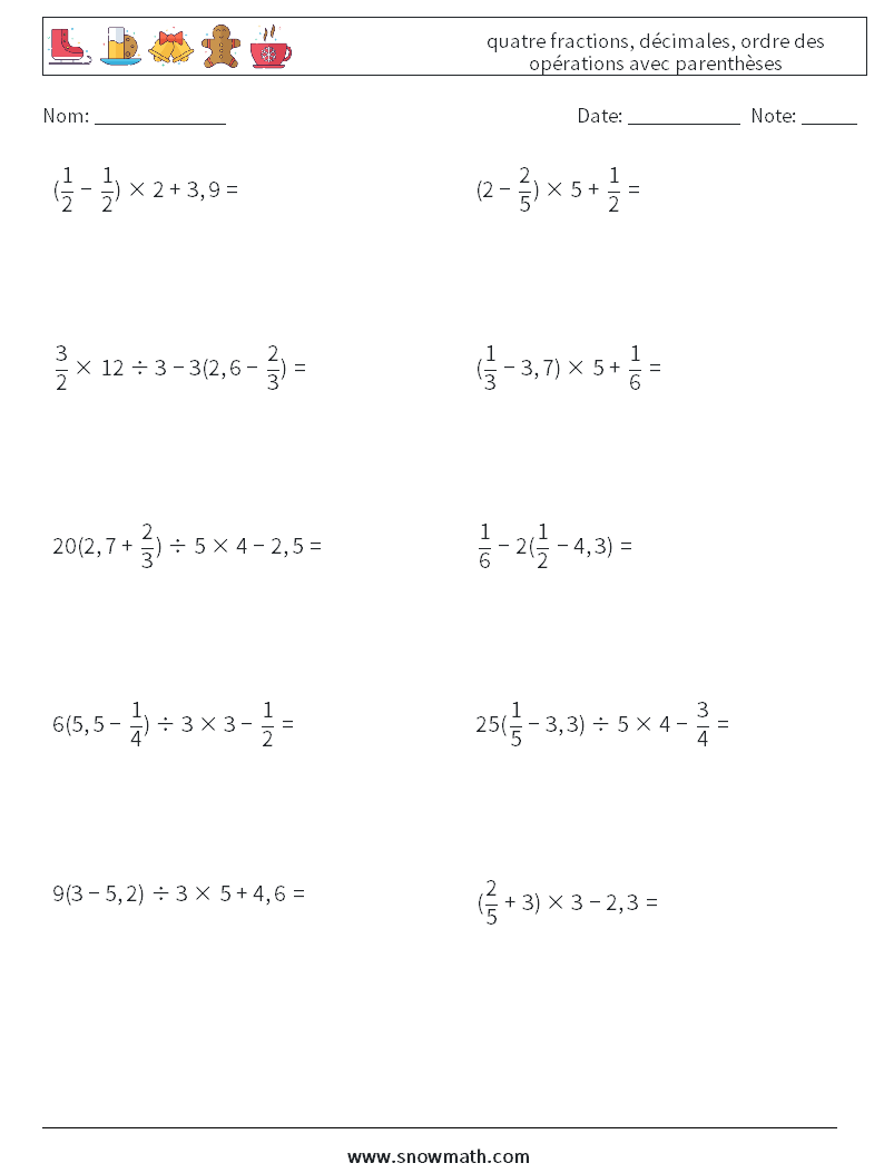 (10) quatre fractions, décimales, ordre des opérations avec parenthèses Fiches d'Exercices de Mathématiques 14