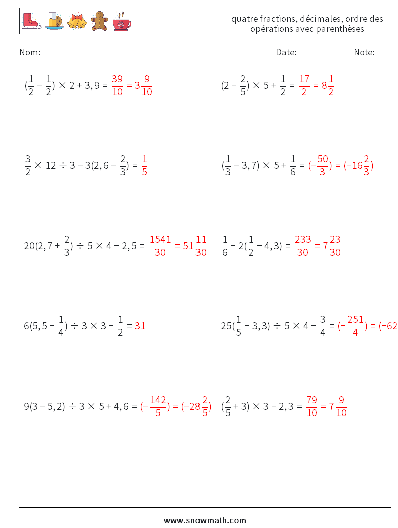 (10) quatre fractions, décimales, ordre des opérations avec parenthèses Fiches d'Exercices de Mathématiques 14 Question, Réponse