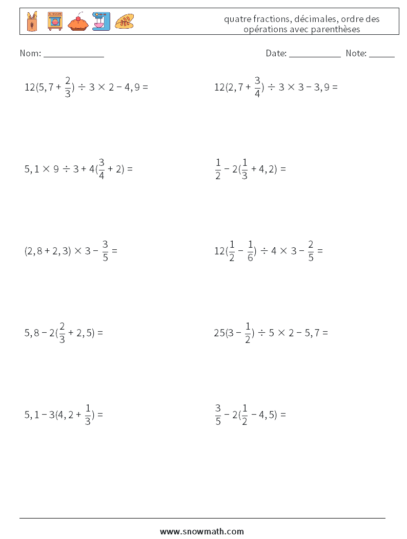 (10) quatre fractions, décimales, ordre des opérations avec parenthèses Fiches d'Exercices de Mathématiques 15