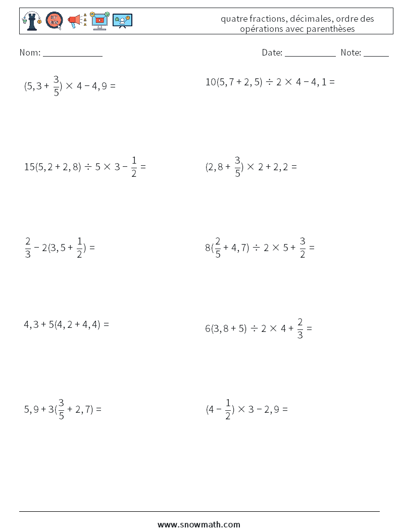 (10) quatre fractions, décimales, ordre des opérations avec parenthèses Fiches d'Exercices de Mathématiques 16