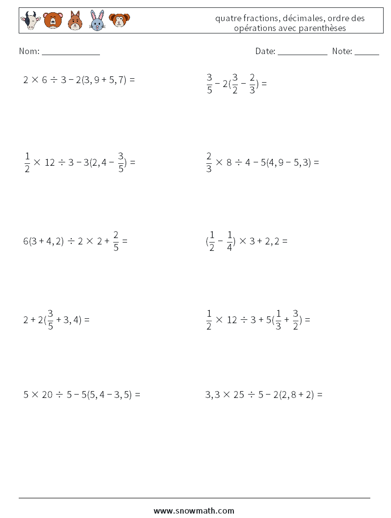 (10) quatre fractions, décimales, ordre des opérations avec parenthèses Fiches d'Exercices de Mathématiques 17