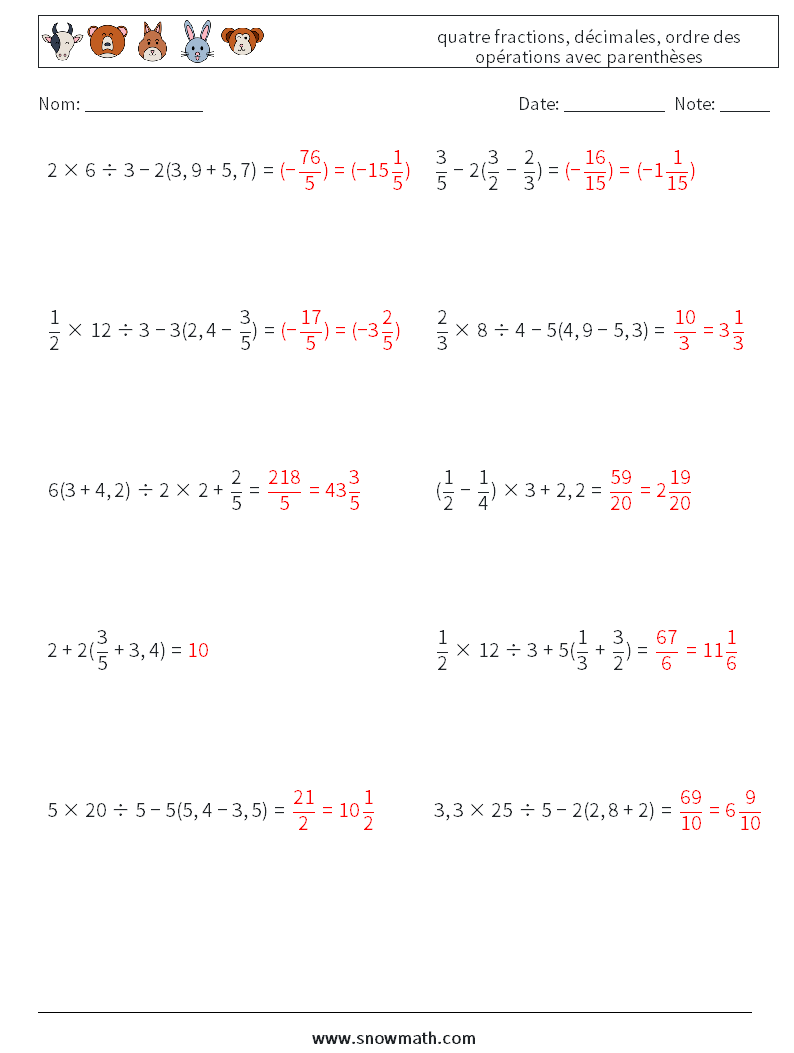 (10) quatre fractions, décimales, ordre des opérations avec parenthèses Fiches d'Exercices de Mathématiques 17 Question, Réponse