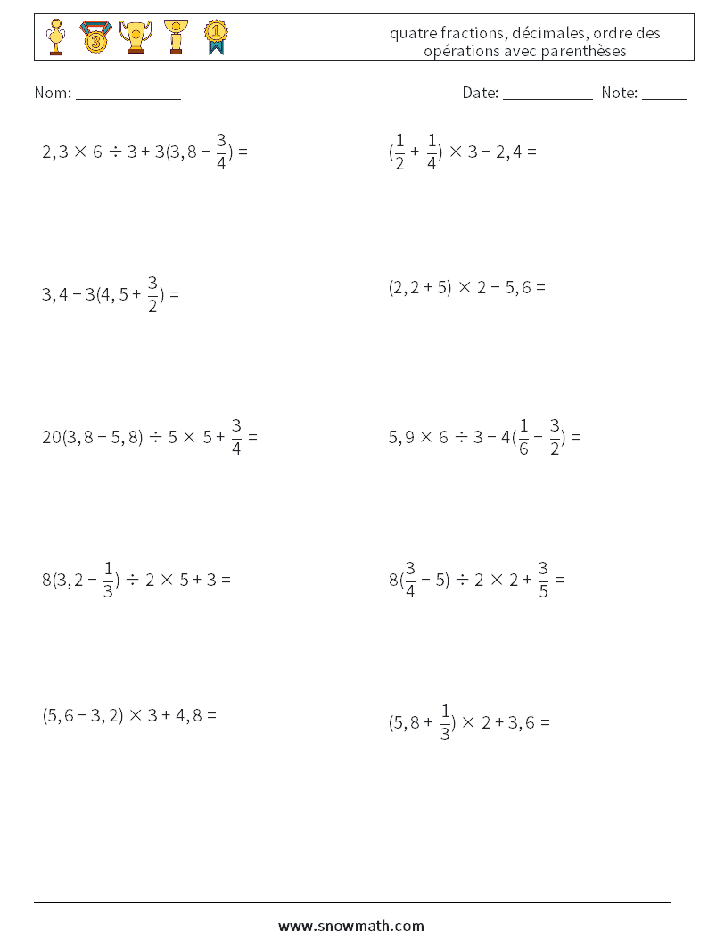 (10) quatre fractions, décimales, ordre des opérations avec parenthèses Fiches d'Exercices de Mathématiques 18