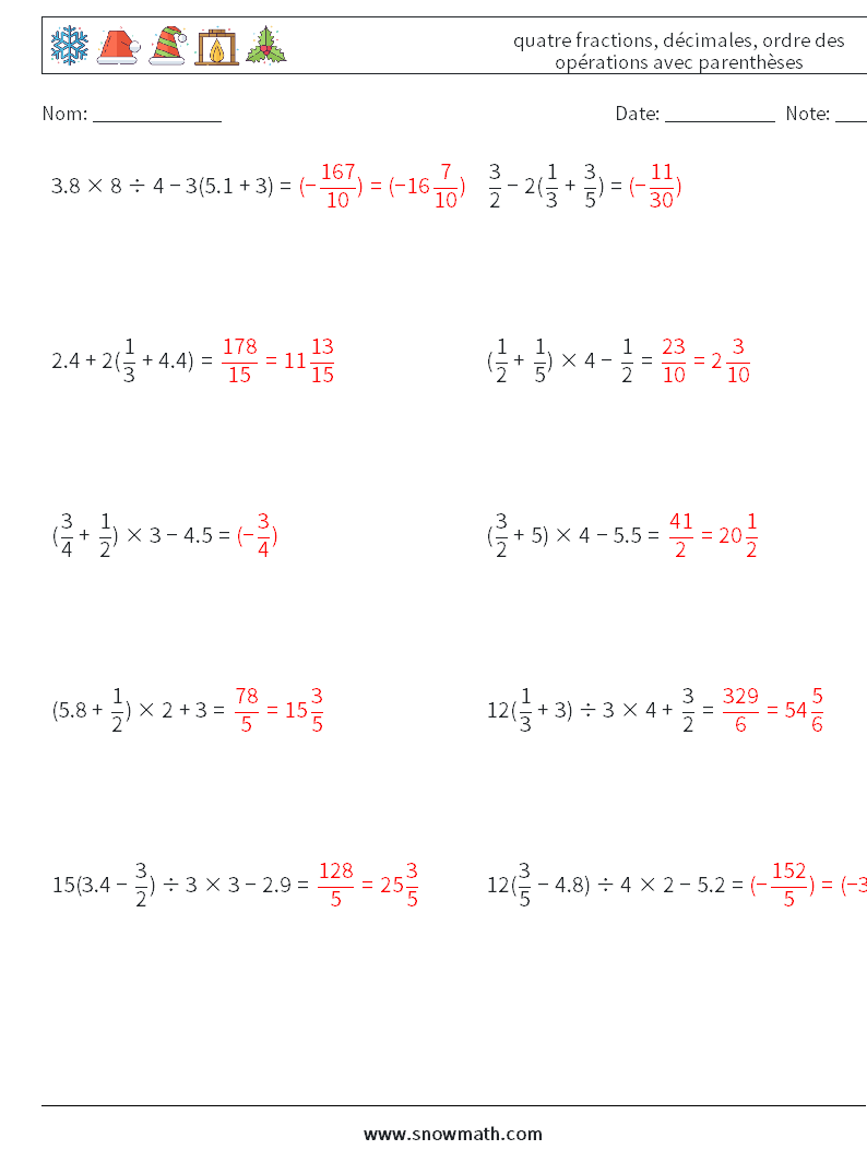 (10) quatre fractions, décimales, ordre des opérations avec parenthèses Fiches d'Exercices de Mathématiques 1 Question, Réponse