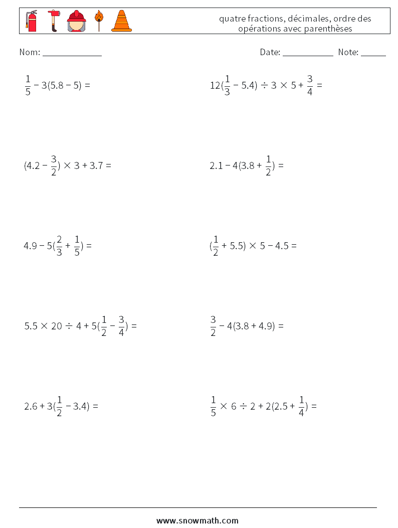 (10) quatre fractions, décimales, ordre des opérations avec parenthèses Fiches d'Exercices de Mathématiques 2