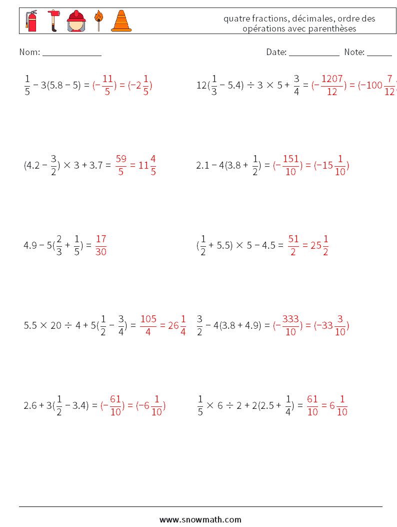 (10) quatre fractions, décimales, ordre des opérations avec parenthèses Fiches d'Exercices de Mathématiques 2 Question, Réponse