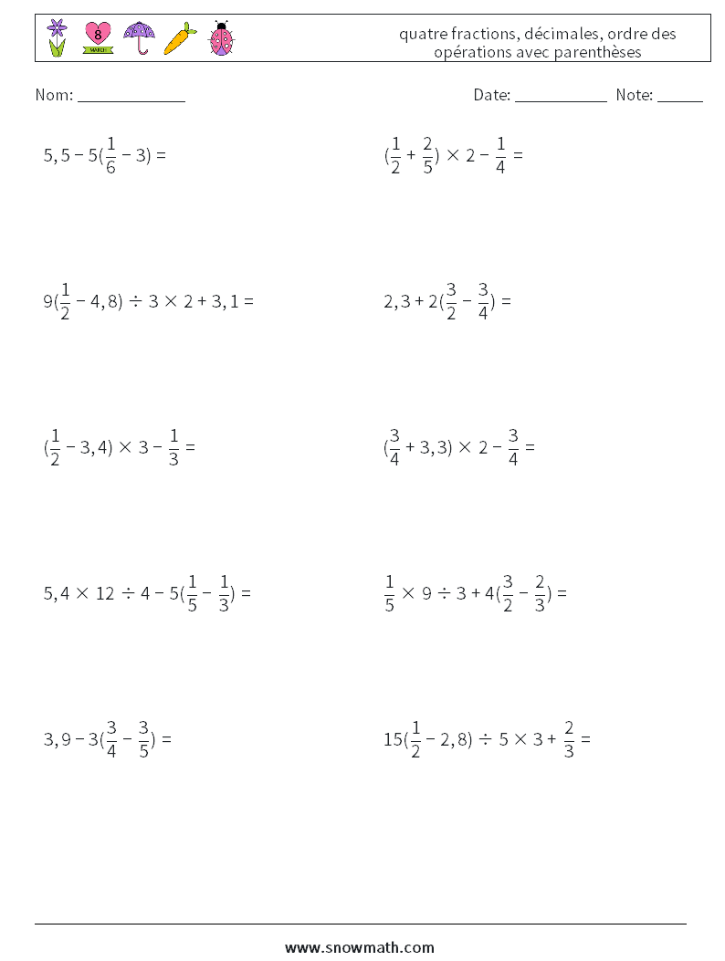 (10) quatre fractions, décimales, ordre des opérations avec parenthèses Fiches d'Exercices de Mathématiques 4