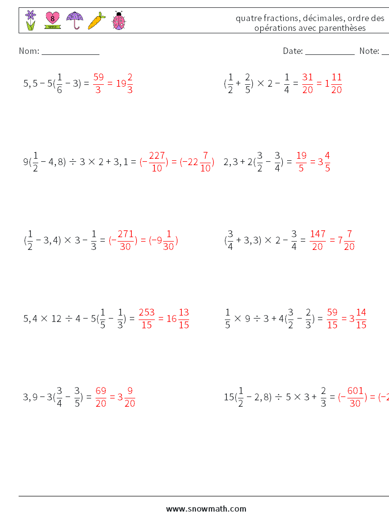 (10) quatre fractions, décimales, ordre des opérations avec parenthèses Fiches d'Exercices de Mathématiques 4 Question, Réponse