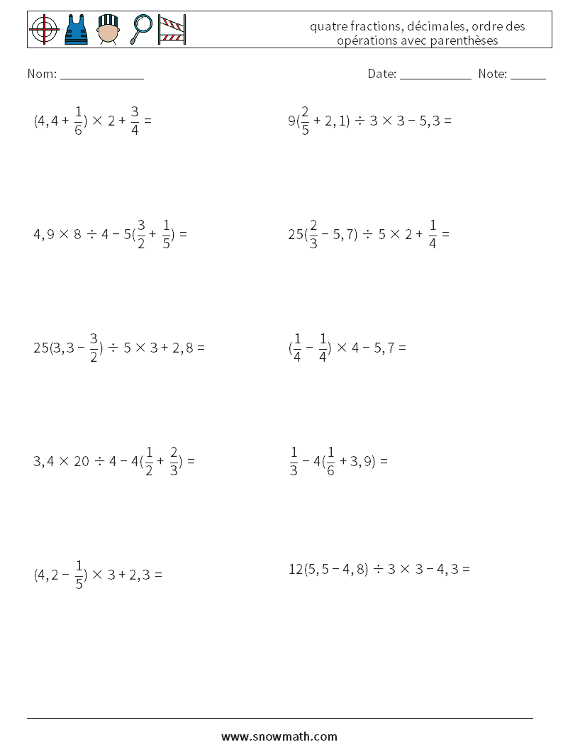 (10) quatre fractions, décimales, ordre des opérations avec parenthèses Fiches d'Exercices de Mathématiques 5