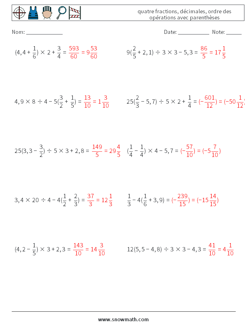 (10) quatre fractions, décimales, ordre des opérations avec parenthèses Fiches d'Exercices de Mathématiques 5 Question, Réponse