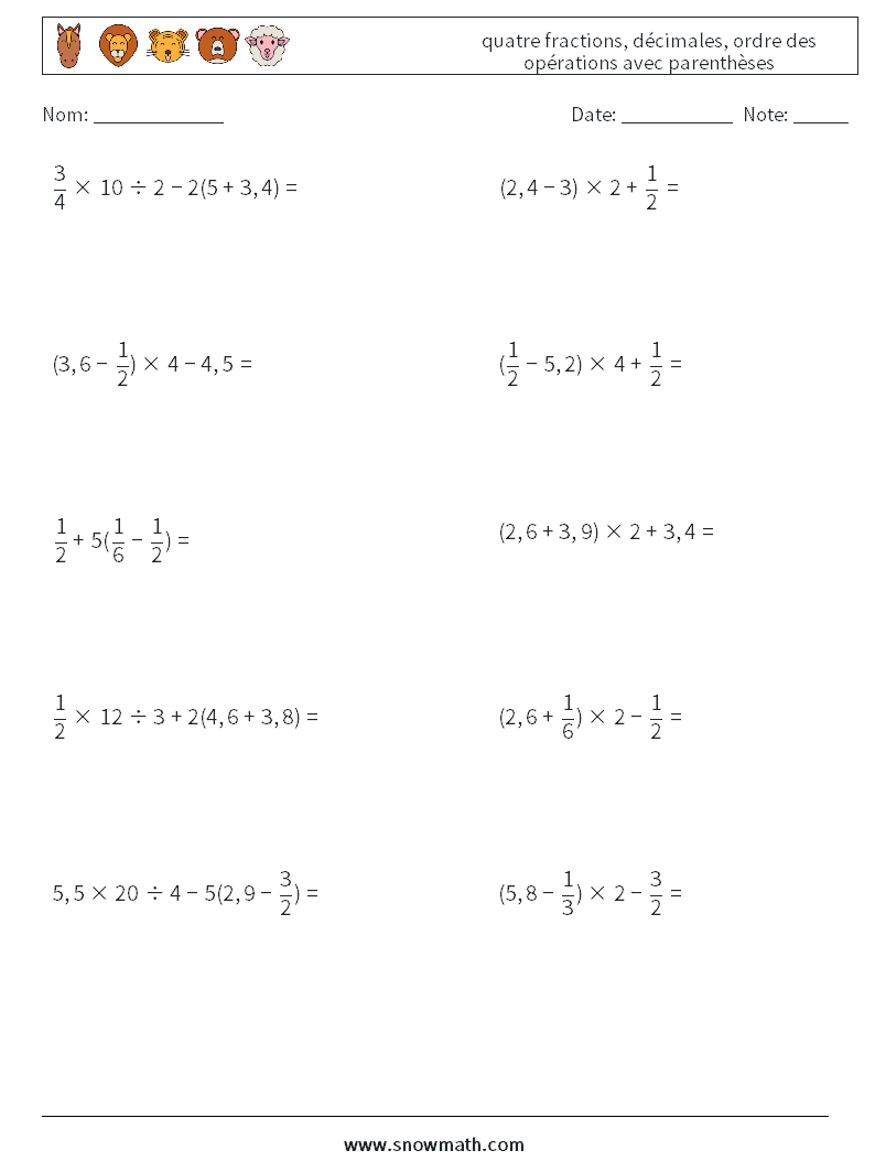 (10) quatre fractions, décimales, ordre des opérations avec parenthèses Fiches d'Exercices de Mathématiques 6