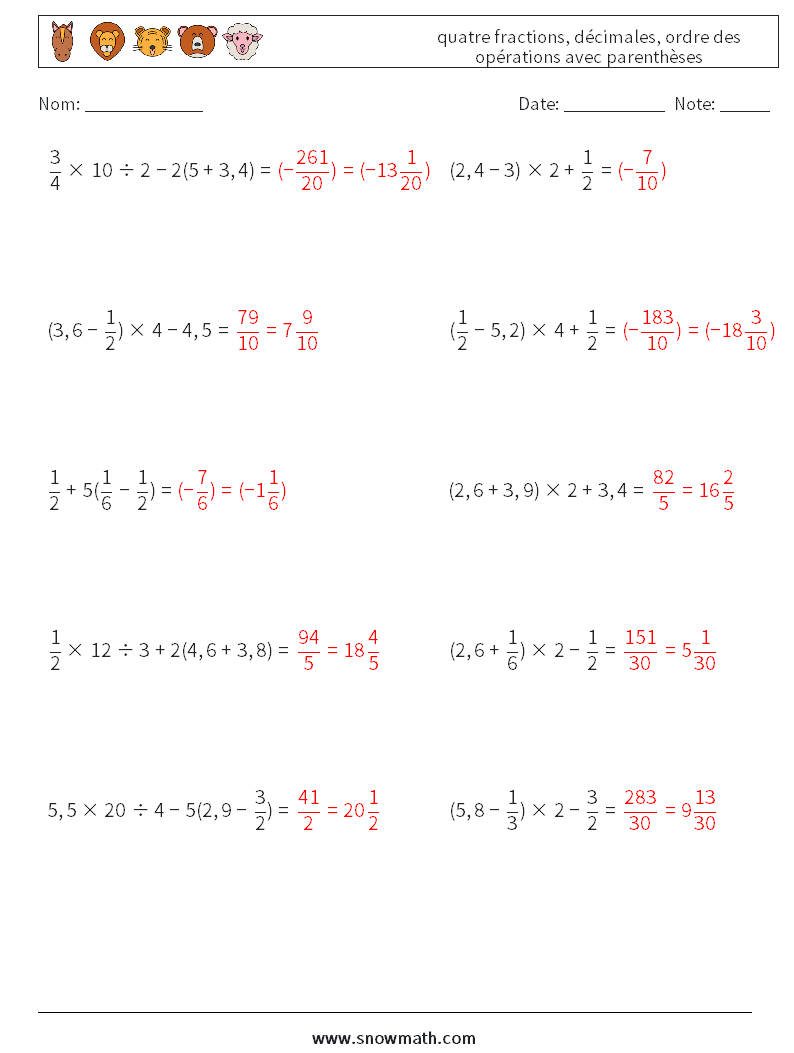 (10) quatre fractions, décimales, ordre des opérations avec parenthèses Fiches d'Exercices de Mathématiques 6 Question, Réponse