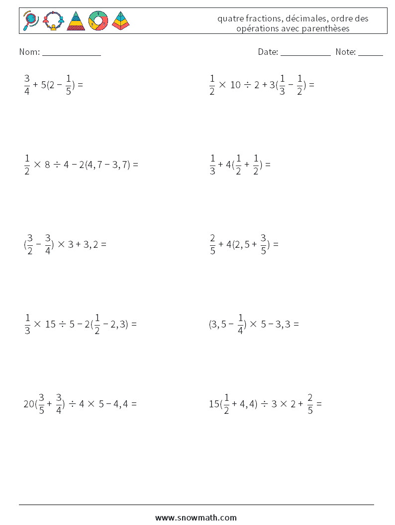 (10) quatre fractions, décimales, ordre des opérations avec parenthèses Fiches d'Exercices de Mathématiques 7