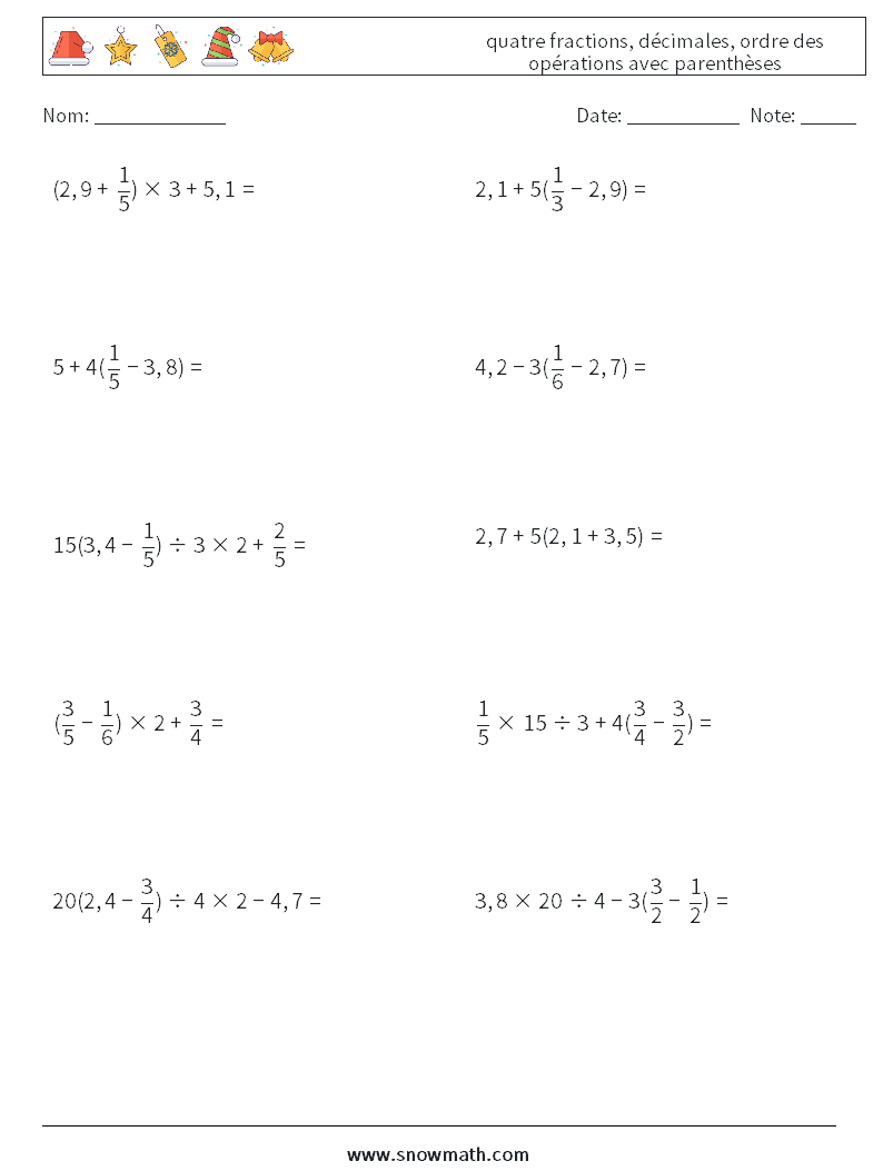 (10) quatre fractions, décimales, ordre des opérations avec parenthèses Fiches d'Exercices de Mathématiques 8