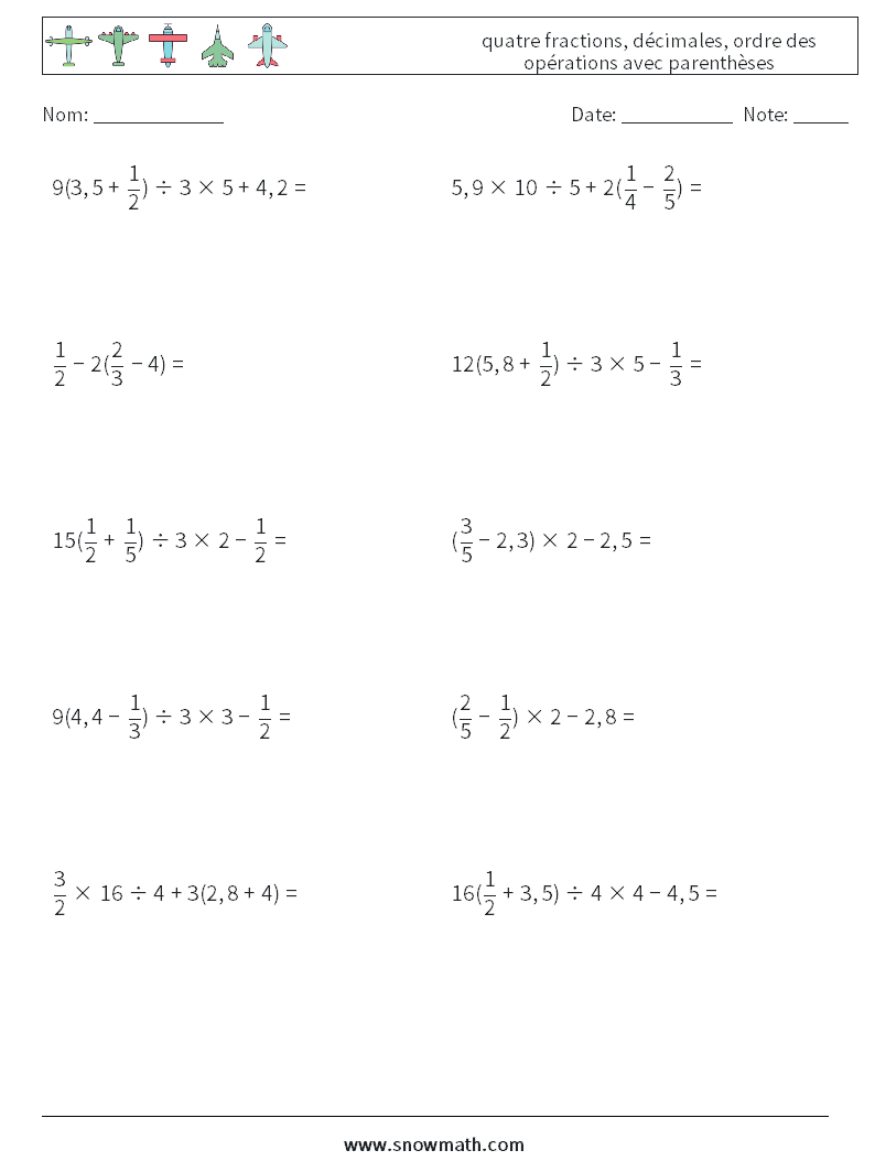 (10) quatre fractions, décimales, ordre des opérations avec parenthèses Fiches d'Exercices de Mathématiques 9