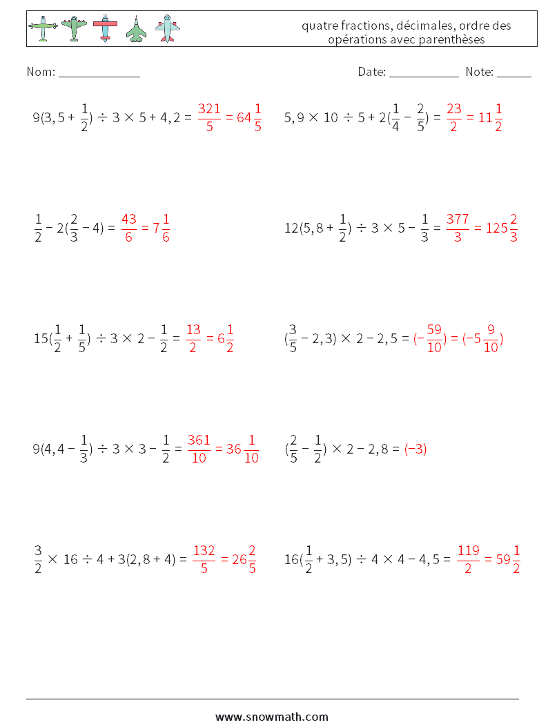 (10) quatre fractions, décimales, ordre des opérations avec parenthèses Fiches d'Exercices de Mathématiques 9 Question, Réponse