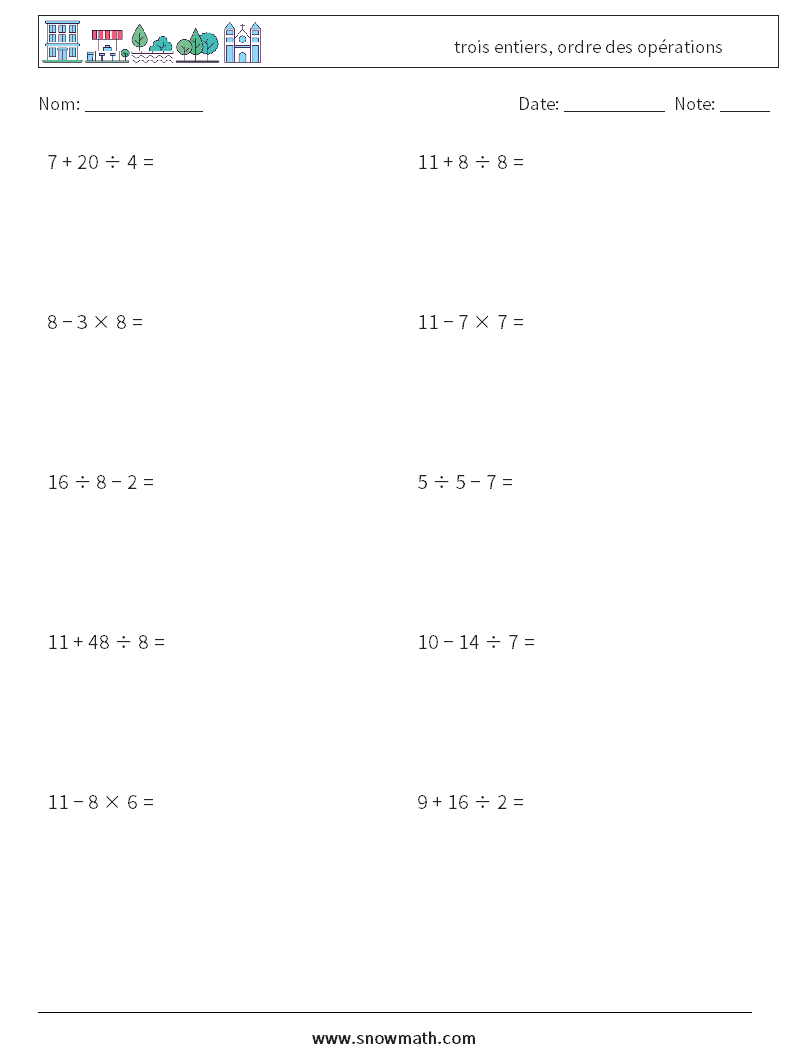 (10) trois entiers, ordre des opérations Fiches d'Exercices de Mathématiques 10