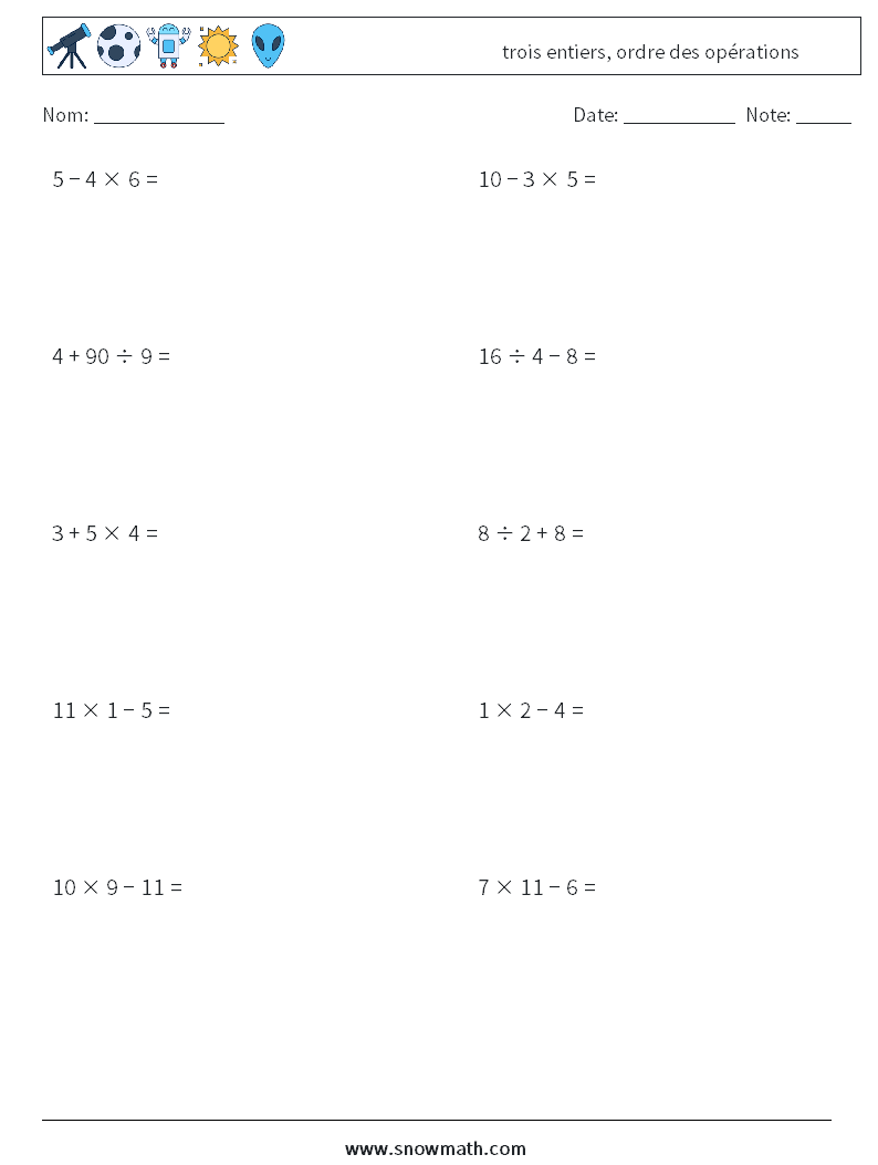 (10) trois entiers, ordre des opérations Fiches d'Exercices de Mathématiques 13