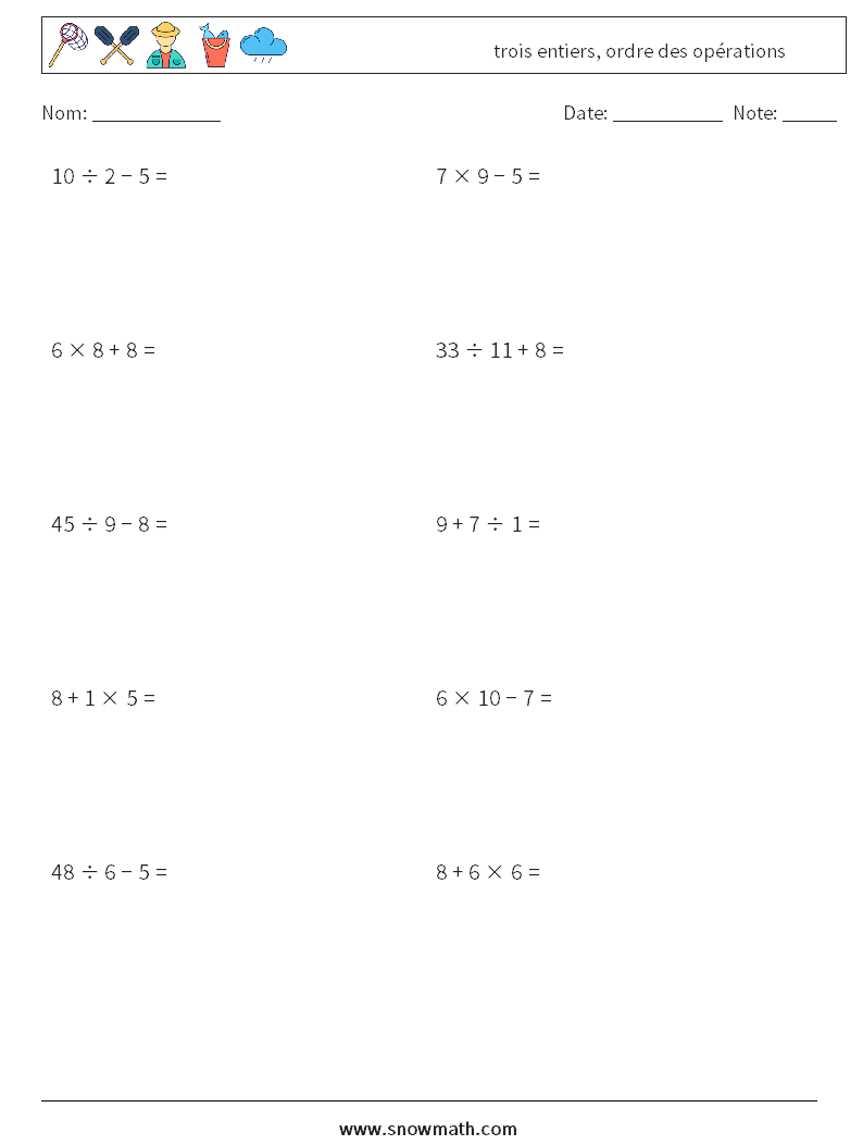(10) trois entiers, ordre des opérations Fiches d'Exercices de Mathématiques 14