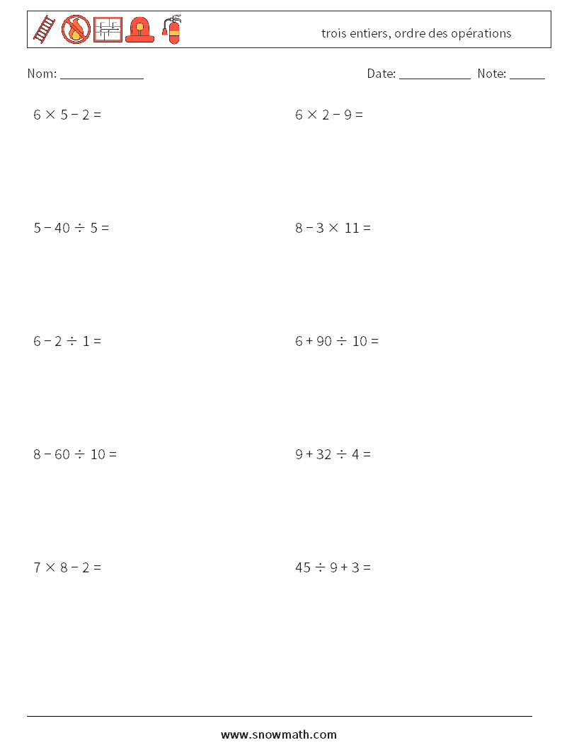 (10) trois entiers, ordre des opérations Fiches d'Exercices de Mathématiques 18