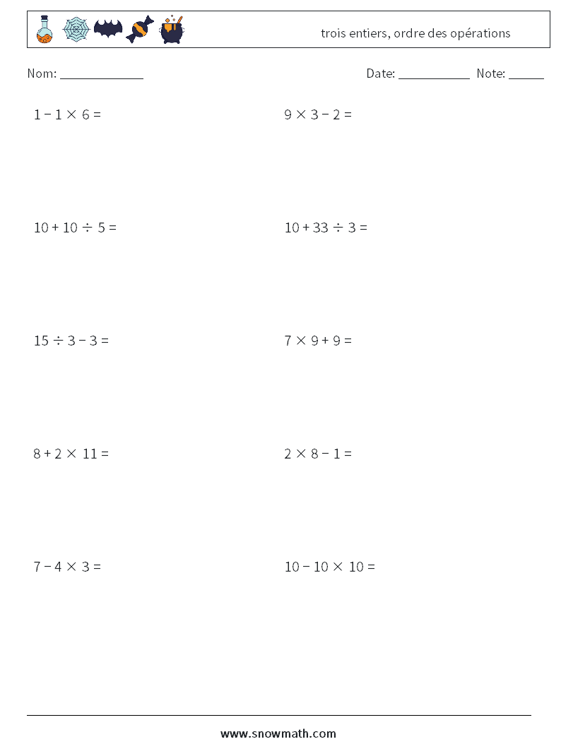 (10) trois entiers, ordre des opérations Fiches d'Exercices de Mathématiques 2