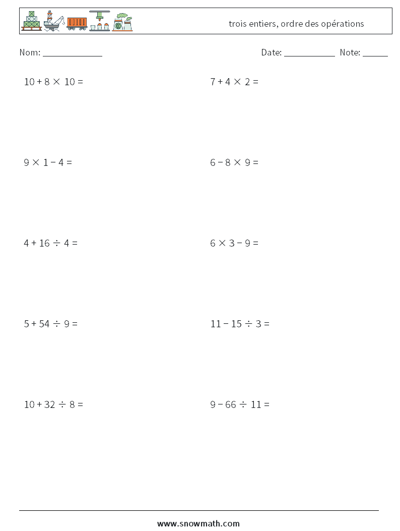 (10) trois entiers, ordre des opérations Fiches d'Exercices de Mathématiques 5