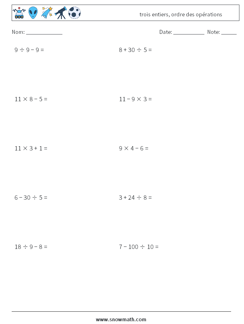 (10) trois entiers, ordre des opérations Fiches d'Exercices de Mathématiques 7