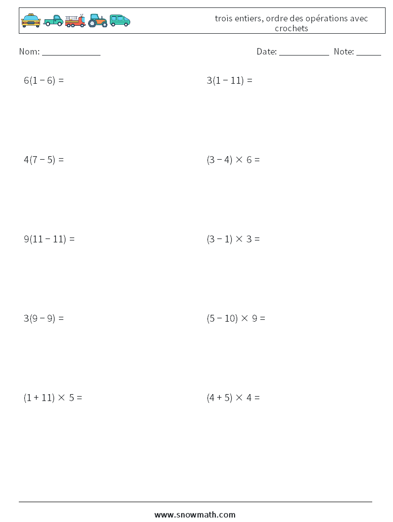 (10) trois entiers, ordre des opérations avec crochets Fiches d'Exercices de Mathématiques 11