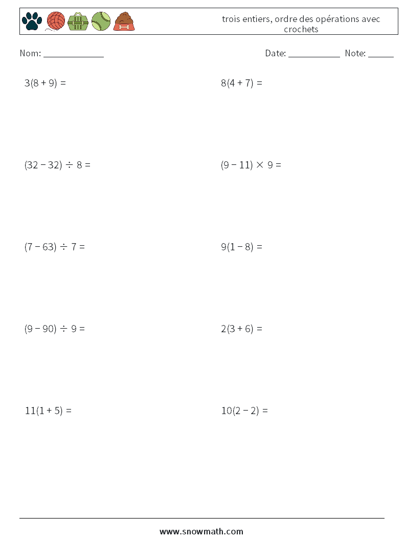 (10) trois entiers, ordre des opérations avec crochets Fiches d'Exercices de Mathématiques 12