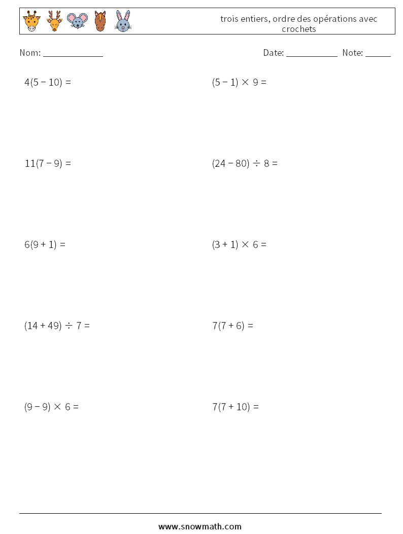 (10) trois entiers, ordre des opérations avec crochets Fiches d'Exercices de Mathématiques 15