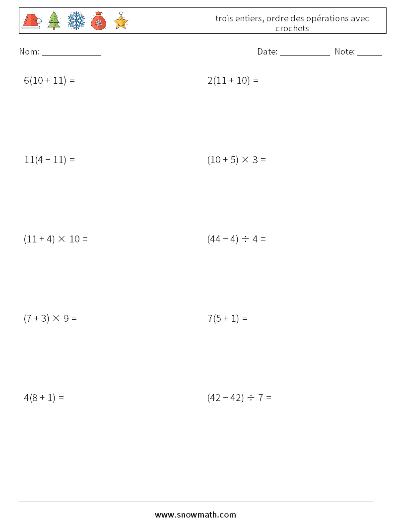 (10) trois entiers, ordre des opérations avec crochets Fiches d'Exercices de Mathématiques 16