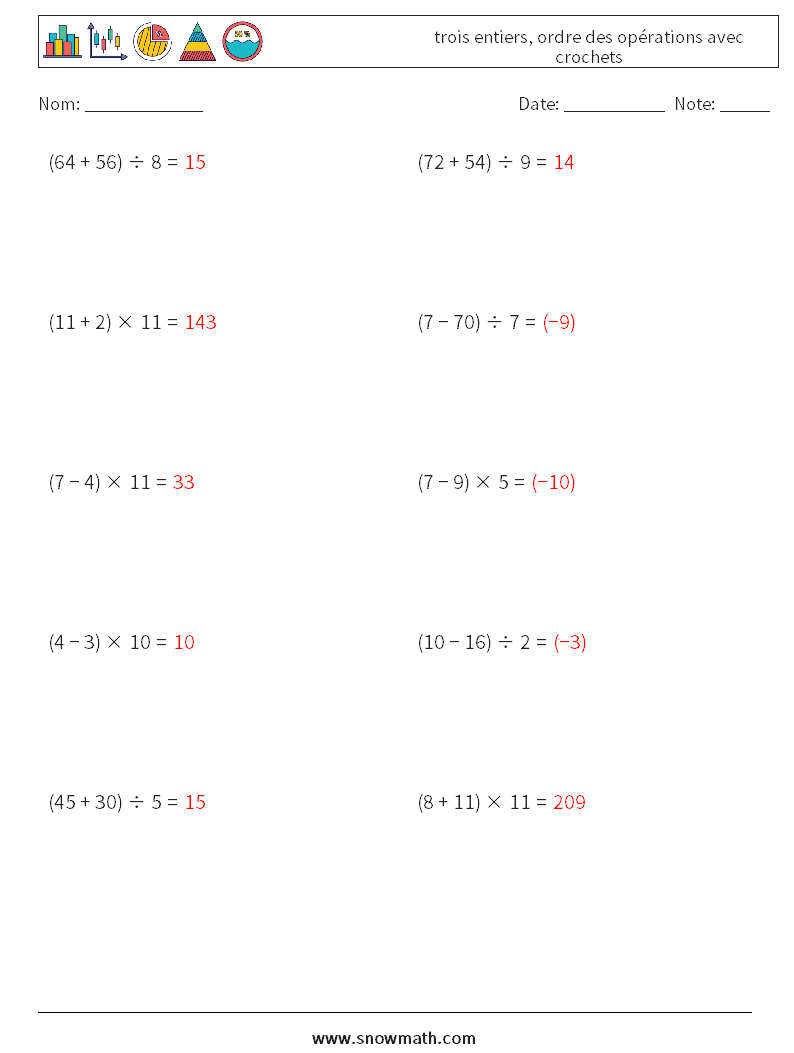(10) trois entiers, ordre des opérations avec crochets Fiches d'Exercices de Mathématiques 2 Question, Réponse