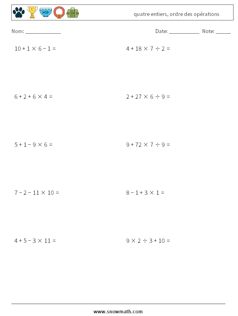 (10) quatre entiers, ordre des opérations Fiches d'Exercices de Mathématiques 3
